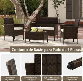 Conjunto de jardim, 4 peças: mobiliário de exterior com cadeira, sofá de 2 lugares e mesa de vidro temperado Castanho misto e almofadas Creme