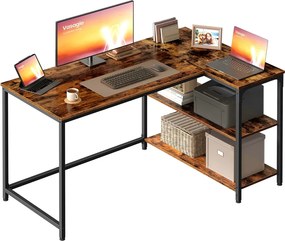 Secretária de canto 120 x 80 cm em forma de L com prateleira ajustável em altura, castanho vintage