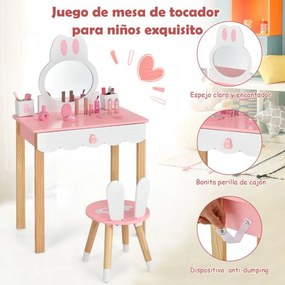 Conjunto de toucador e cadeira para crianças estilo coelho com espelho e gavetas Rosa