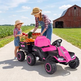 Trator Elétrico Infantil para crianças 3 a 6 anos com Reboque, 152 x 68 x 60 cm, Reboque Removível 2 em 1, Rosa