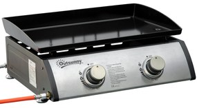 Chapa a Gás de Mesa com 2 Queimadores de Aço Inoxidável 6 kW Portátil para Piquenique Campismo 48,5x46x21 cm Preto e Prata