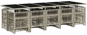 15 pcs conj. jantar jardim c/ almofadões vime PE cinzento-claro