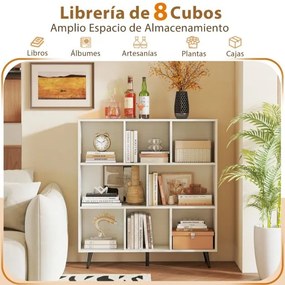 Estante de 3 níveis com 8 cubos, 4 pés de metal e dispositivo anti-capotamento para sala de estar ou escritório 100 x 24 x 107 cm branco
