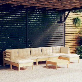 vidaXL 8 pcs conjunto lounge jardim c/ almofadões cor creme pinho
