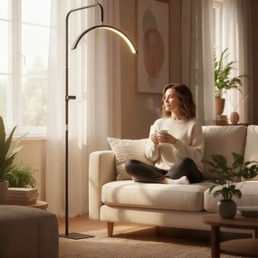 Candeeiro de Pé Meia Lua com Cabeça Giratória 350° 7 Temperaturas de Cor Brilho Ajustável Suporte para Telemóvel Preto