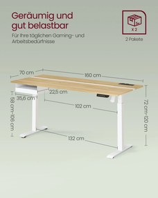 Secretária elétrica com altura ajustavel e com tomadas e gaveta 70 x 160 x (72-120) cm carvalho dourado-branco