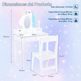 Toucador Infantil com Espelho de Unicórnio e Cadeira, 59 x 35 x 103,5 cm, Espelho LED Ajustável, Branco