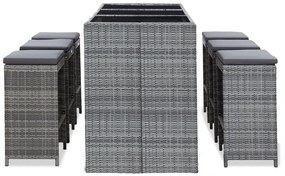 7 pcs conjunto bar para jardim c/ almofadões vime PE cinzento