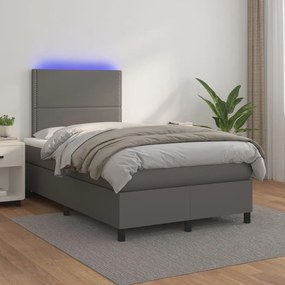 Cama box spring c/ colchão/LED 120x200cm couro artificial cinza