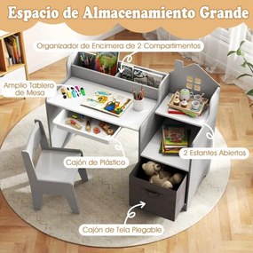 Conjunto de secretaria e cadeira de estudo para crianças com prateleiras abertas Gaveta e cesto de tecido Cinzenta