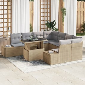 Conjunto de Sofá de Jardim 9 Peças com Almofadas Bege em Rattan Sintét