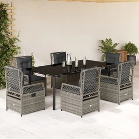 7 pcs conjunto de jantar p/ jardim c/ almofadões vime PE cinza