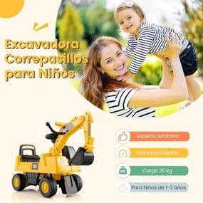 Andarilho Escavadora de brincar para bebés com pá ajustável, buzina e arrumação debaixo do assento para idades entre 1 e 3 anos, capacidade 25 kg, ama