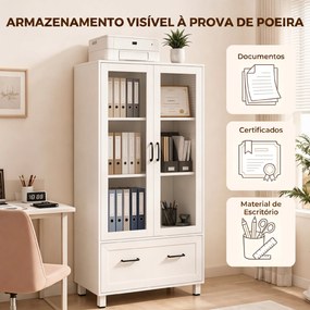 Arquivador com Portas de Vidro e Gaveta, Armário de Escritório com Barras Ajustáveis para Arquivo, 75x40x141 cm, Branco