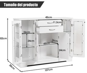 Aparador com Portas de Vidro Temperado com 2 Gavetas Organizador de Cozinha para Cozinha Jantar Sala de Estar 107 x 30 x 82 cm Branco