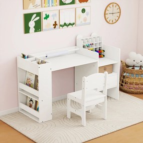 Conjunto de mesa e cadeira para arte infantil com suporte removível para rolo de papel e armário cubo branco