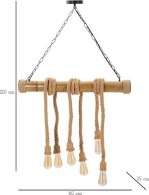 "Candeeiro de Teto Boho Chic - Metal, Bambu e Corda - 120 cm - 6 Ponto