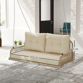Banco suspenso de exterior para 2 pessoas em resina trançada com almofadas e correntes de aço, 115 x 66 x 44 cm, bege