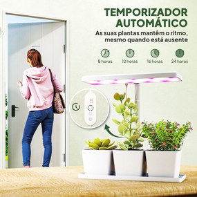 Luz de Crescimento com 30 LED de Espectro Completo Ajustável em Altura com Temporizador Automático 8/12/16/24H 5 Níveis de Brilho e 3 Vasos 31,8x13,4x