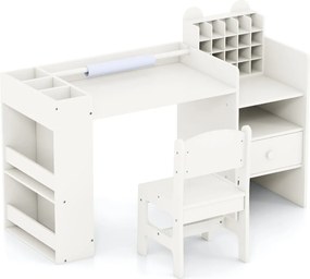 Conjunto de mesa e cadeira para arte infantil com suporte removível para rolo de papel e armário cubo branco
