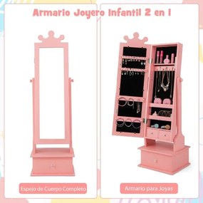 Armário Jóias para crianças com espelho de corpo inteiro e 3 gavetas 2 ângulos de inclinação ajustáveis 34 x 30 x 103/113cm Rosa