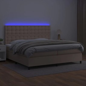 Cama box spring c/colchão/LED 200x200cm couro artif. cappuccino