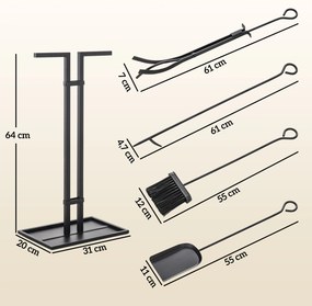 Conjunto de 5 Ferramentas para Lareira, 31 x 20 x 64 cm, Construção em Metal, Preto
