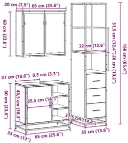 3 pcs Conjunto móveis casa de banho madeira proc. cinza sonoma