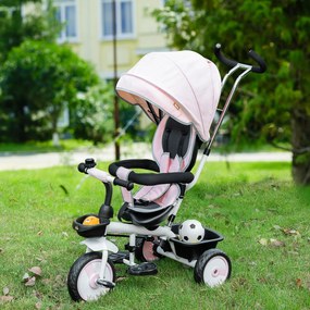 HOMCOM Triciclo para Bebé 2 em 1 Triciclo Evolutivo para Crianças de 1-5 Anos com Capô Dobrável Guiador Telescópico Grade de Proteção Removível e Apoio para os Pés 100x48x106cm Rosa