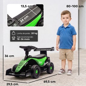 Andarilho para crianças F1, veículo para empurrar com volante musical, rodas silenciosas e porta-bagagens, 18-36 meses, verde