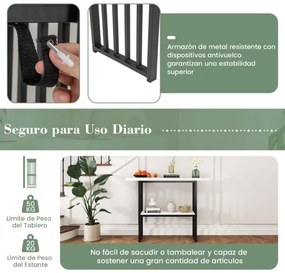 Mesa de 2 níveis com prateleira aberta, estrutura em aço dourado para sala de estar ou corredor, 120 x 29,5 x 92,5 cm, preto e branco