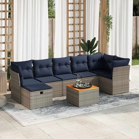 8 pcs conjunto sofás de jardim c/ almofadões vime PE cinzento
