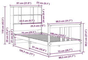 Cama com estante sem colchão 75x190 cm pinho maciço