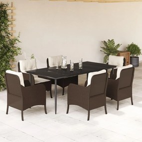 7 pcs conjunto jantar p/ jardim c/ almofadões vime PE castanho