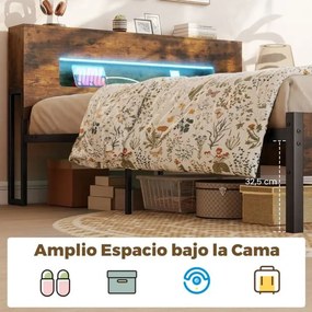 Estrutura Cama 200 x 140 cm com luzes LED (COLCHÃO NÃO INCLUIDO), cabeceira com espaço de armazenamento, tomadas elétricas e estrado de ripas Castanho