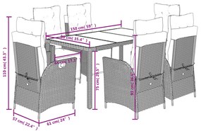 7 pcs conjunto de jantar p/ jardim c/ almofadões vime PE preto