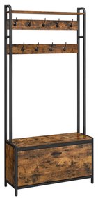 Cabide para casacos com sapateira VASAGLE HSR405B01, cabideiro com banco, cabideiro para roupas, sapateira, 9 ganchos, prateleira superior, para corredor, quarto, design industrial, marrom/preto vintage