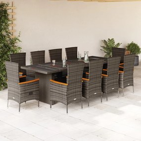 vidaXL 11 pcs conjunto jantar p/ jardim c/ almofadões vime PE cinzento
