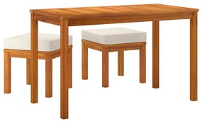 3 pcs conjunto de jantar p/ jardim c/ almofadões acácia maciça