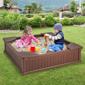 Caixa de areia infantil ao ar livre em HDPE 123,5 x 123,5 x 31,5 cm com tampa Oxford 4 assentos de canto Castanho
