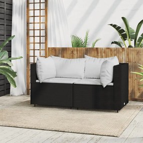 319729 vidaXL Sofá de canto p/ jardim c/ almofadões vime PE preto