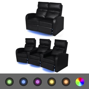 vidaXL Poltrona reclinável LED 2+3 lugares 2pcs couro artificial preto