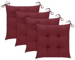 Cadeiras jardim c/ almofadões vermelho tinto 3 pcs teca maciça