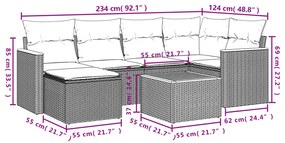 7 pcs conjunto sofás p/ jardim c/ almofadões vime PE cinzento
