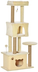 PawHut Árvore Arranhador para Gatos Centro de Atividades com Plataformas Cavernas de Felpa Suave Postes para Arranhar de Juta Bola Brinquedo Suspenso 60x34x136cm Bege