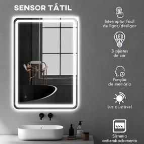 Espelho Casa de Banho com Luzes LED 70x100 cm Função Antiembaciamento 3 Temperaturas de Cor Ajustável e Função de Memória Prata