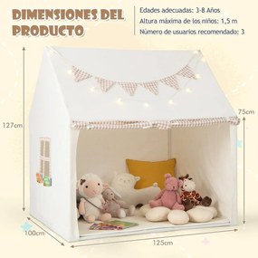 Tenda de Crianças com Tapete Acolchoado 125 x 100 x 127 cm, Luzes de Estrelas e Bandeirinhas Quadradas, Janelas e Portas Enroláveis para Crianças de 3