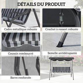 Baloiço de jardim de 3 lugares com cobertura impermeável, inclinação ajustável e almofadas de assento e encosto em cinzento e branco às riscas