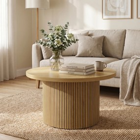 Mesa de centro redonda em madeira Ø 80 x 45 cm, mesa de sala com base canelada, estilo moderno, efeito de madeira natural