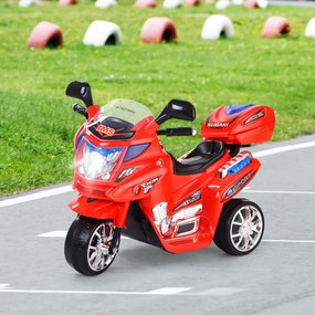 Moto eléctrica para crianças com bateria 6 V com 3 rodas Música incorporada, luzes, velocidade para a frente e marcha-atrás Vermelha